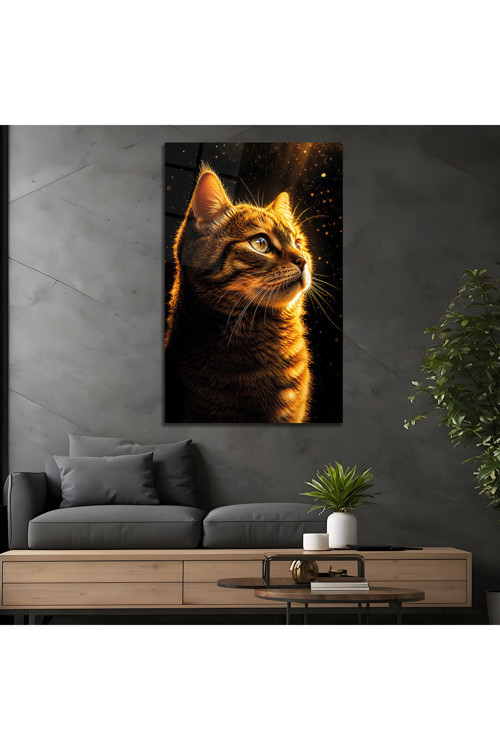 Kedi Portresi Cam Tablo, Ünlü Ressam Klasik Sanat Temperli Cam Duvar Tablosu, UV Baskılı Salon Ofis Duvar Dekoru, Modern Sanatsal Dekoratif Hediyelik
