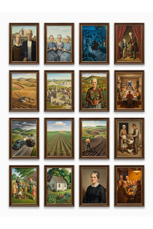 Grant Wood Tabloları 16'lı Sticker Seti Laptop Defter Planlayıcı Çerçeveli Etiket