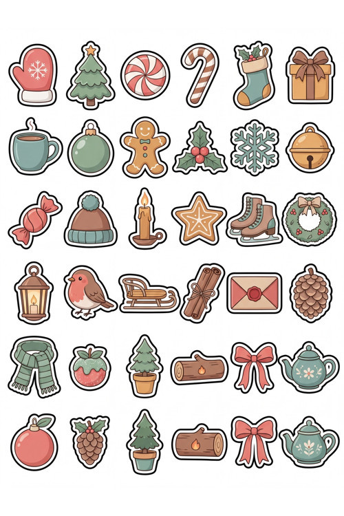 30 Adet Nostaljik Kış ve Yılbaşı Sticker Seti - Planner Ajanda Laptop İçin