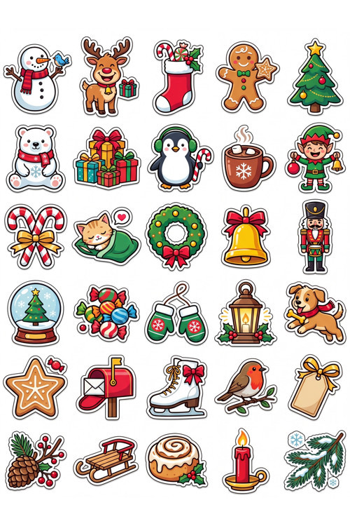 30 Adet Renkli Kış Temalı Sticker Seti - Defter Laptop Telefon İçin