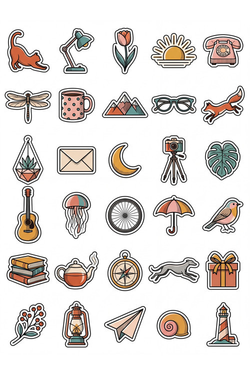 30 Adet Estetik Geometrik Çizim Sticker Seti - Laptop Defter Telefon Ajanda İçin