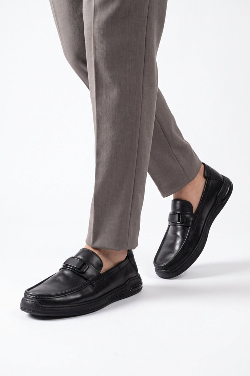 Siyah Hakiki Deri Hafif Esnek Rahat Şık Erkek Casual Ayakkabı Loafer 26K590-2