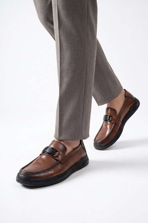 Kahve Hakiki Deri Hafif Esnek Rahat Şık Erkek Casual Ayakkabı Loafer 26K590-2