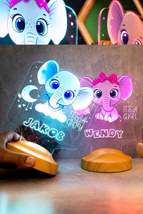 Çocuğa Hediye Fil Figürlü Hediyelik Kişiye Özel Tatlı Fil 3d Led Lamba