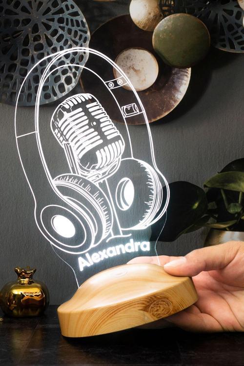 Dj - Müzisyen Hediyesi Kulaklık ve Mikrofon 3D Led Lamba, Ses Sanatçısı, Solist, Headset, Gamer