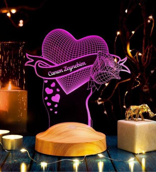 Sevgiliye Hediye Gül Ve Kalp 3 Boyutlu Led Gece Lambası, Seni Çok Seviyorum Yazılı