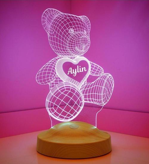 Kalpli Ayıcıklı Hediye, Ayıcık Led Lamba, Ayı Teddy 3d Hediyesi 3 Boyutlu Led Lamba