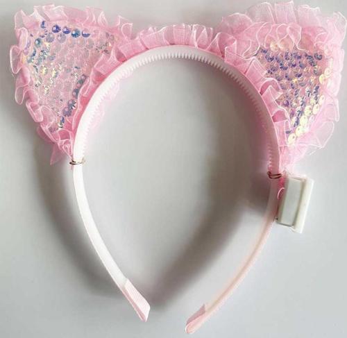 Kenarları Dantelli Pembe Pullu Payetli Led Işıklı Kedi Kulak Taç 17x19 cm