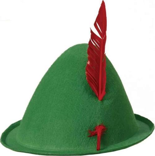 Yeşil Renk Kırmızı Tüylü Peter Pan Şapkası Robin Hood Şapkası 24X23 cm