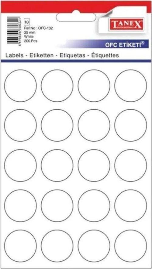 Ofis Etiketi Poşetli Yuvarlak 25 Mm Beyaz Ofis Etiketi (10 Lu Paket)