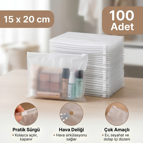 Valiz Dolap Içi Düzenleyici Organizer Buzlu Fermuarlı Poşet Zipper Torba 100 Adet 15 Cm X 20 Cm - 130 Micron