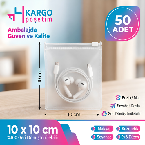 10x10 cm Fermuarlı Buzlu Şeffaf Poşet - Takı, Düğme & Aksesuar Düzenleyici Fermuarlı Torba (130 Micron)-50 Adet
