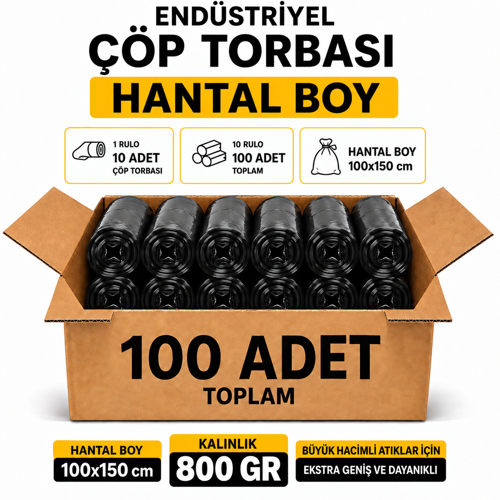 Endüstriyel Çöp Torbası Hantal Boy 100x150 cm 800 GR 10 Rulo 100 Adet