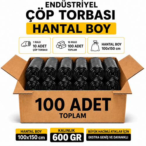 Endüstriyel Çöp Torbası Hantal Boy 100x150 cm 600 GR 10 Rulo 100 Adet