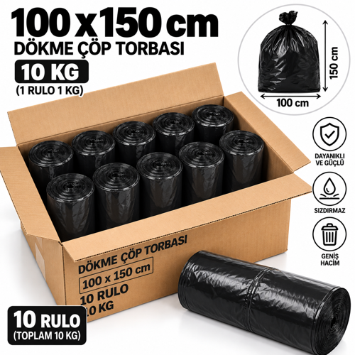 Dökme Çöp Torbası 100x150 cm 10 Rulo 10 Kg Jumbo Boy Sanayi Tipi Endüstriyel Çöp Poşeti