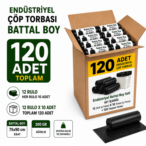 Endüstriyel Battal Boy Çöp Torbası 75x90 cm 300 Gr Siyah 120 Adet - 12 Rulo