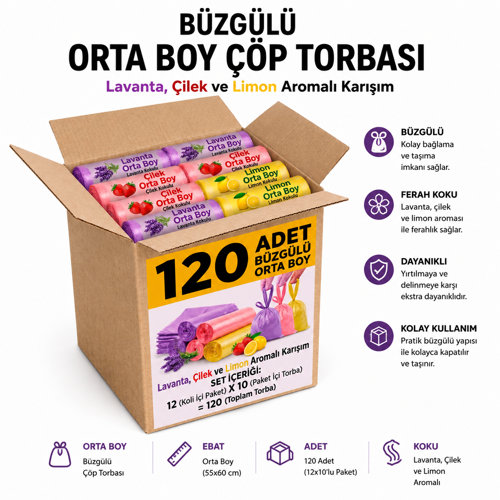 Büzgülü Çöp Torbası Orta Boy – 12 Paket (Toplam 120 Adet) – Çilek, Limon ve Lavanta Kokulu – 55x60 cm – Dayanıklı ve Sızdırmaz