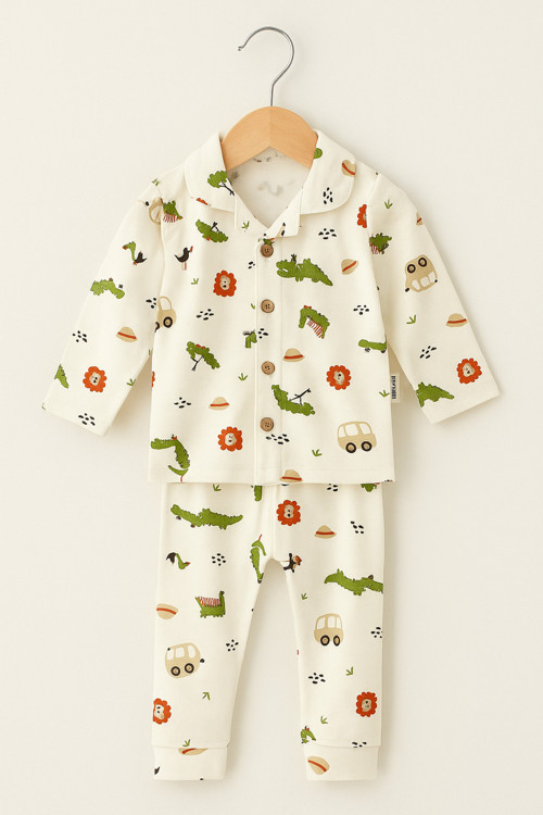 Çok Renkli Bebek Pijama Takımı - %100 Pamuk Düğmeli Uzun Kollu Kız/Erkek Çocuk Seti - 6-9 AY