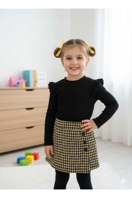 Kız Çocuk Moda Takımı – Uzun Kollu Bluz & Kazayağı Desenli Şort Etek - 2/3 - 10/11 yaş aralığı - Siyah / 2-3 Yaş