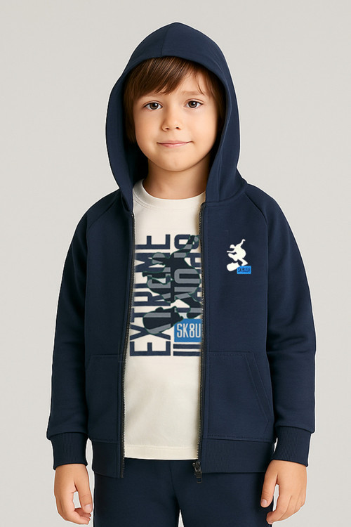 Erkek Çocuk Lacivert Kapüşonlu Fermuarlı Sweatshirt ve T-shirt - Lacivert / 6-7 Yaş