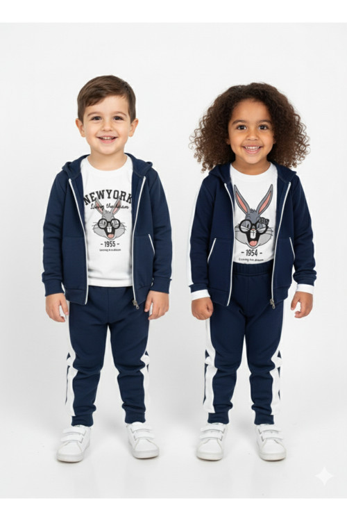 Çocuk Tavşan Kulaklı Kapüşonlu Sweatshirt ve Eşofman Altı Takım Pamuklu - 2 / 5 yaş aralığı - Lacivert / 2 YAŞ