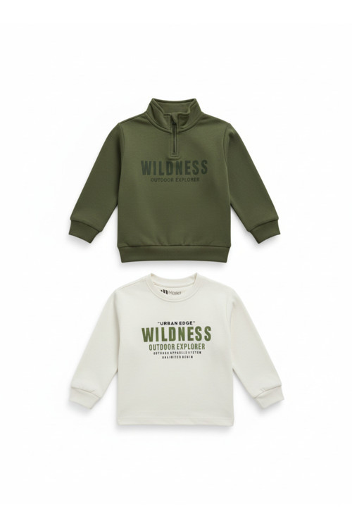 Erkek Çocuk 2'li Üst Giyim Seti - Wildness Baskılı Yarım Fermuarlı Dik Yaka Sweatshirt ve Uzun Kollu - Yesil / 5-6 Yaş