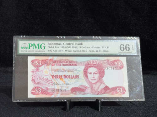 BAHAMALAR 1974 (ND 1984) – 3 DOLAR – PMG 66 EPQ GEM UNCIRCULATED – PICK# 44a