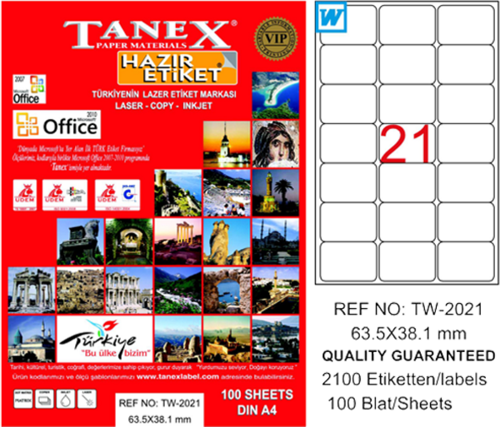 Lazer Etiket 100 Yaprak 63x38 MM Laser-Copy-Inkjet TW-2021 (20 Li Paket)