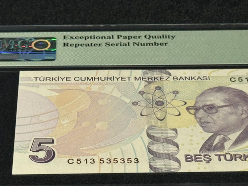 Türk Lİrası 5 TL Tekrarlanan Rakamlar SN C513 53 53 53 P 222c 2009 (ND2017) PMG 66 EPQ GEM UNC ÇİL 9. EMS 3. Tertip