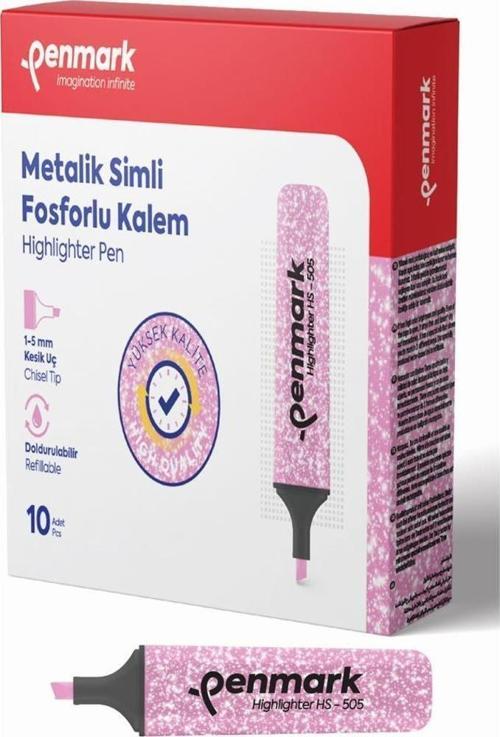 Fosforlu Kalem Metalik Simli Gülpembe 1-5 MM Kesik Uçlu İşaretleme Kalemi (10 Lu Paket)