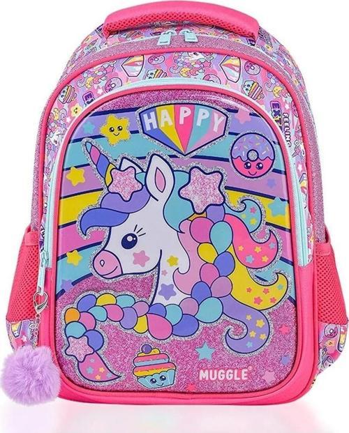 Okul Çantası Happy Unicorn Pembe Kız Çocuk İlkokul Sırt Çantası