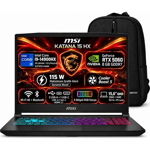 Katana 15 Hx B14WFK-450XTR S3 Intel Core I9 14900HX 24GB 1tb SSD RTX5060 15.6" Qhd 165Hz Windows 11 Pro Taşınabilir
