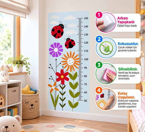 Çocuk Odası Boy Ölçer Çiçek Desenli Duvar Stickerı – Folyo Baskı, Dekoratif Boymetre