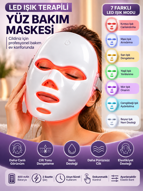 7 Renk LED Işıklı Yüz Bakım Maskesi Şarjlı Dokunmatik Kontrollü Ayarlanabilir Bantlı Cilt Bakım Cihazı