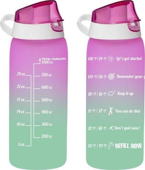 Matara Çift Renk Boyalı Ölçü Baskılı Pembe 1 Litre Motivasyon Matara