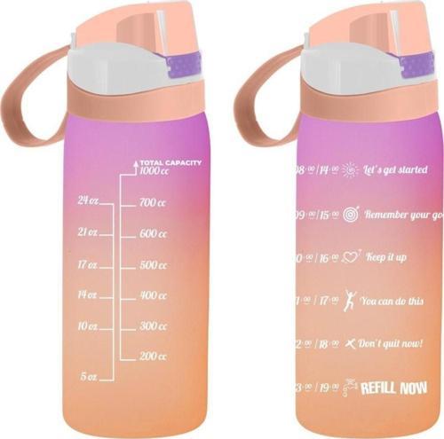 Motivasyon Matarası Çift Renk Boyalı Ölçü Baskılı Yavru Ağzı 1 Litre Motivasyon Suluk