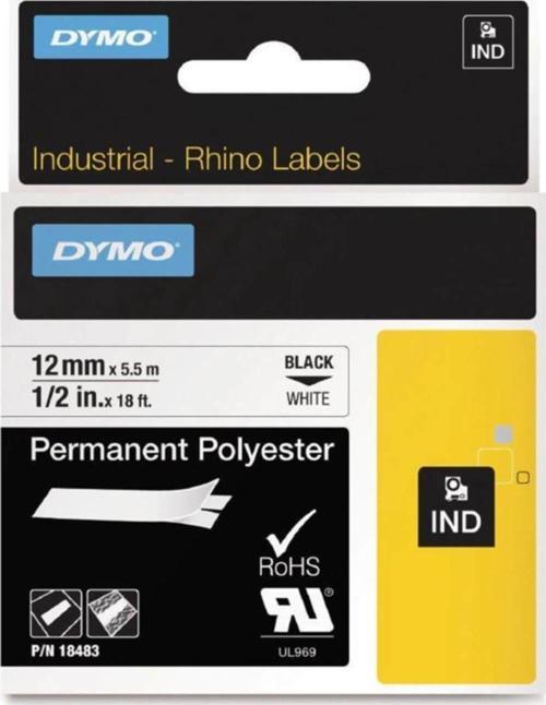 Rhino Pro Etiketi Plastik Sabit 12 MM x 5.5 Metre Beyaz Üzerine Siyah 18483