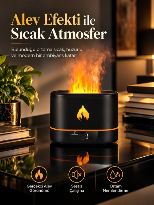 Ls 01 Alev Efektli Aroma Terapi Hava Nemlendirici 2 Litre Üstten Su Dolumlu Sessiz Buhar Makinesi Ofis Yatak Odası Dekor