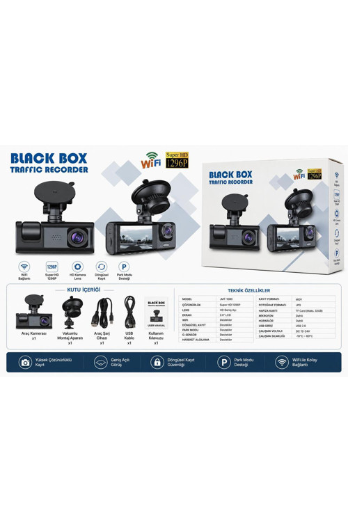 Black Box Traffic Recorder Wifi Araç İçi Kamera Full HD 1080P Ekranlı Çift Kameralı Dash Cam Gece Görüşlü Yol Kayıt Ciha