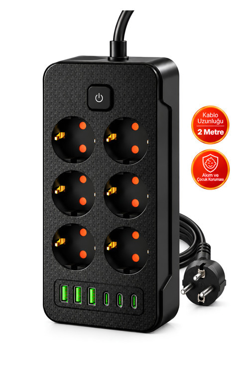Castu Ls J06 12'si 1 Arada Akım Korumalı Priz 6 Çoklu Soket 3 USB 3 Type-C 2500W Çocuk Korumalı Kapaklı Uzatma Kablolu G