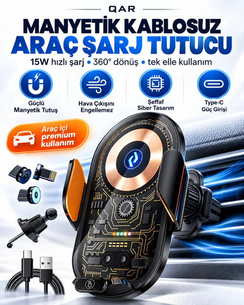 C13 Kablosuz Şarjlı Araç Telefon Tutucu Otomatik Açılıp Kapanan Kollu 360° Dönebilen Şeffaf Tasarım Metal Gövdeli Araç İ