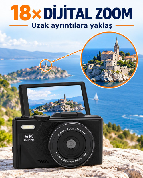 5k 75mp Hd Dijital Kamera 18x Dijital Zoom, Flaşlı,3.0 İnç Ekranlı Fotoğraf Makinesi
