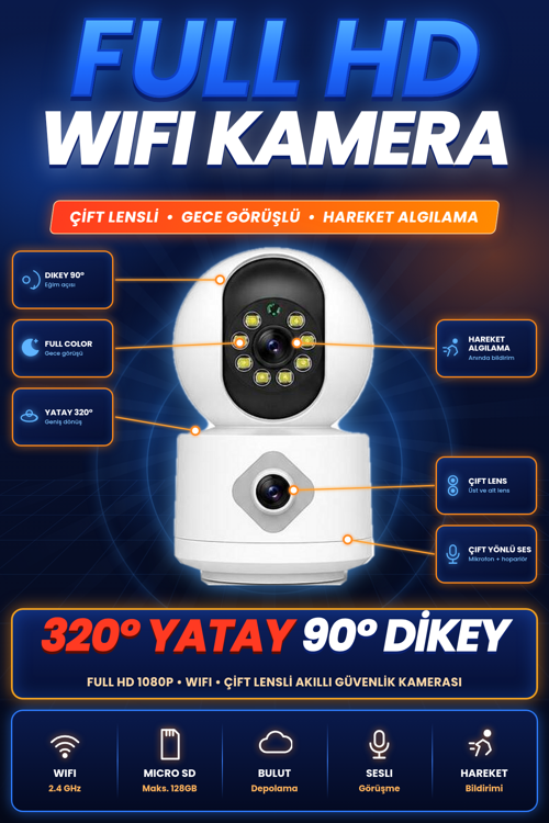HomeSmart Çift Lensli WiFi Güvenlik Kamerası Döner Başlıklı Renkli Gece Görüşlü Hareket Algılamalı İki Yönlü Sesli Akıll