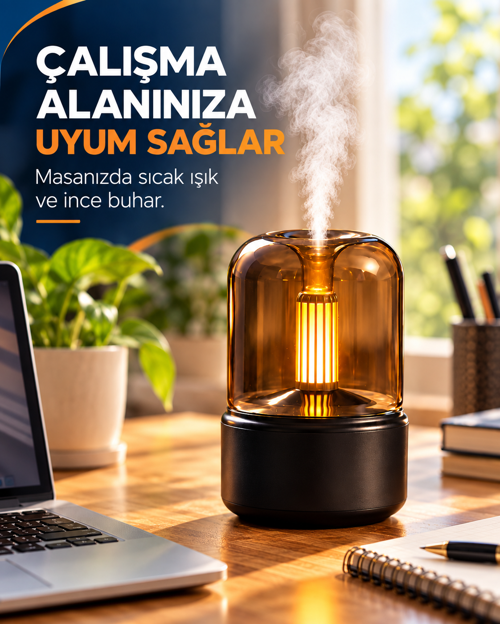 Mum Alevi Efektli Aroma Difüzör Dekoratif Hava Nemlendirici Sıcak Işıklı Dokunmatik Tuşlu Masaüstü Buhar Makinesi Siyah