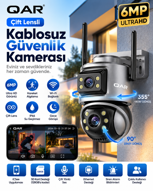 Wifi Akıllı Güvenlik Kamerası Çift Lensli Döner Başlıklı Uzaktan Canlı İzleme Telefon Kontrollü IP Kamera Gece Görüşlü [