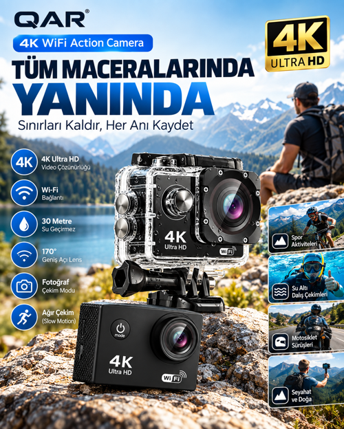 4K Ultra HD Wifi Aksiyon Kamerası 16MP 170° Geniş Açı 30 Metre Su Geçirmez Kutulu Spor Kamerası Dalış Bisiklet Motosikle