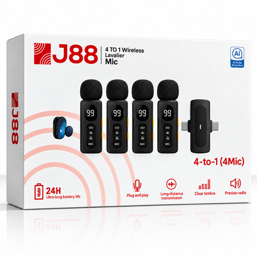 J88 4'lü Kablosuz Yaka Mikrofonu AI Gürültü Önleyici Lightning Type-C Uyumlu Vlog Röportaj Canlı Yayın Mikrofonu (4 Mikr