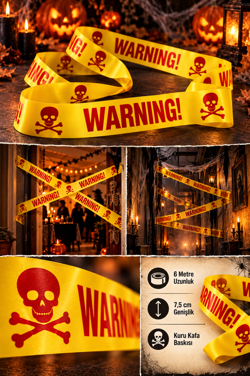Halloween 6 Metre Emniyet Şeridi Sarı Kırmızı WARNING Kuru Kafalı Cadılar Bayramı 7,5 cm