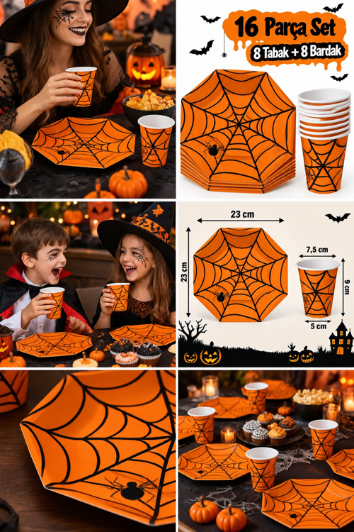 Halloween Turuncu Örümcek Ağı Desenli Karton Bardak Tabak 16'lı Cadılar Bayramı Parti Seti