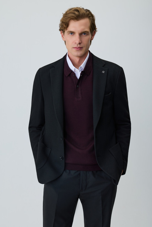 Erkek Siyah Örme Trend Desenli Slim Fit Mono Yaka Ceket